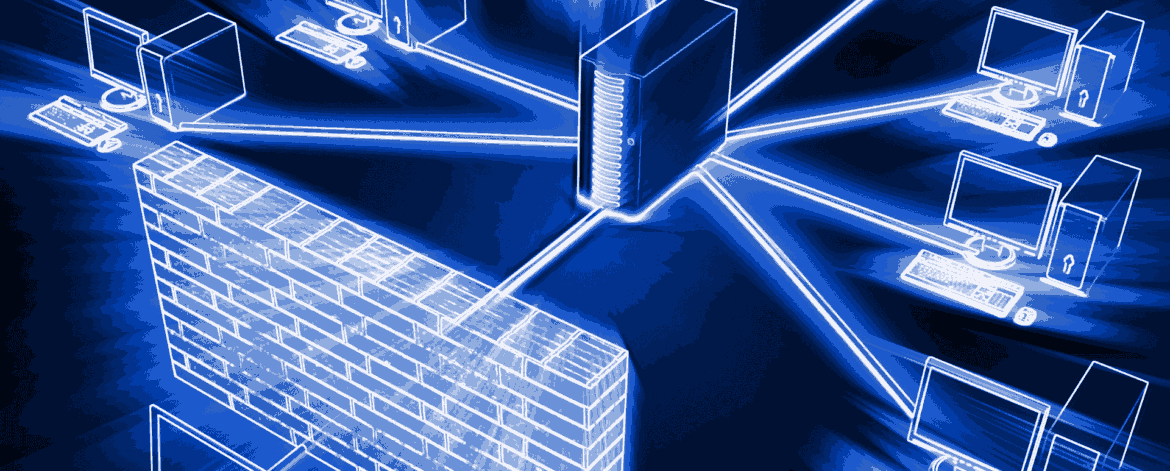 Glowing blue schematic of a brick firewall in front of a network: a laptop on one side with a connection blocked by the firewall, and on the other side a central server linked to multiple desktop computers, symbolizing network protection.