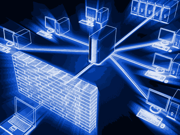 Glowing blue schematic of a brick firewall in front of a network: a laptop on one side with a connection blocked by the firewall, and on the other side a central server linked to multiple desktop computers, symbolizing network protection.