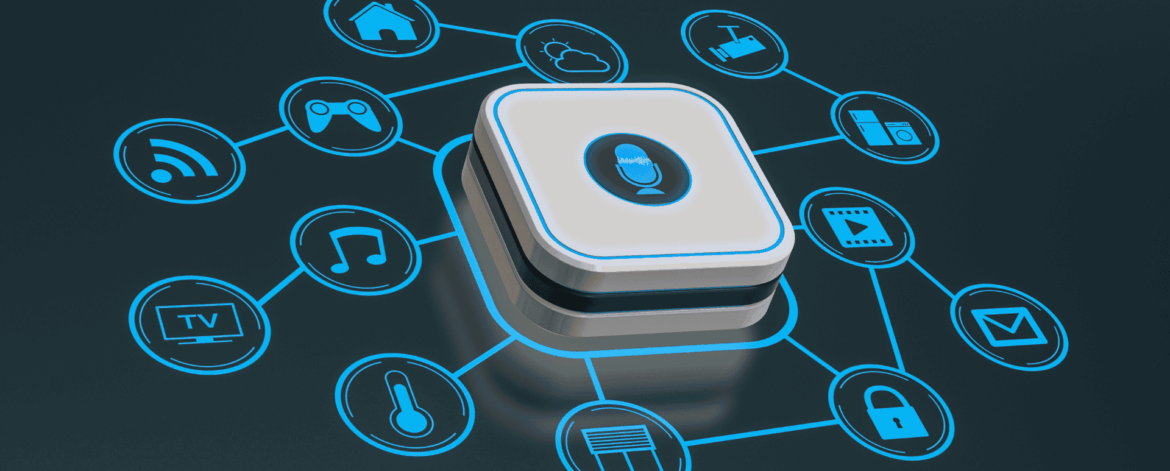 Smart home hub with voice assistant icon connected to various IoT device icons including thermostat, TV, security, and music, representing integrated smart home automation technology