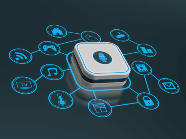 Smart home hub with voice assistant icon connected to various IoT device icons including thermostat, TV, security, and music, representing integrated smart home automation technology