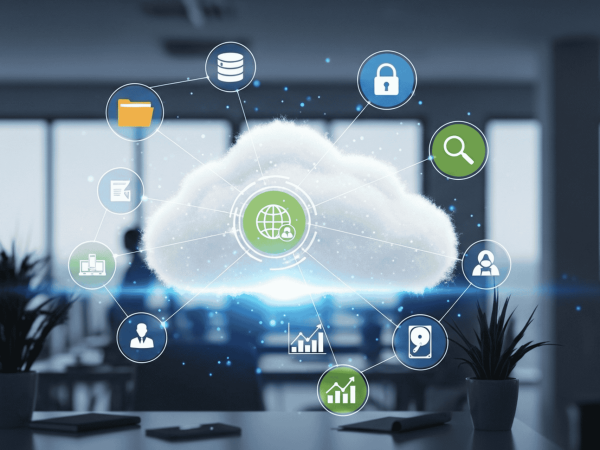 Cloud computing ecosystem with connected data, security, and analytics icons – seamless Google Cloud migration and IT management services for San Francisco Bay Area businesses.