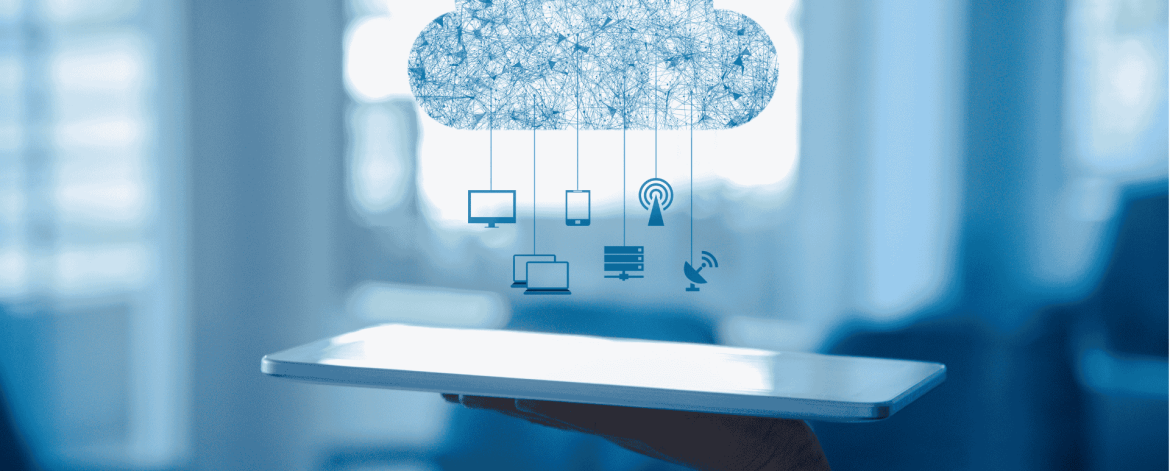Cloud computing illustration with connected devices – cloud migration and IT infrastructure services for Bay Area businesses.