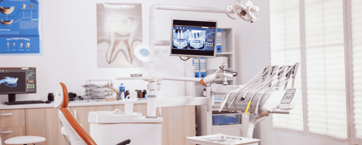 Clean and modern dental room with blue dental chair – secure cloud backup and IT infrastructure management for Bay Area dental practices.