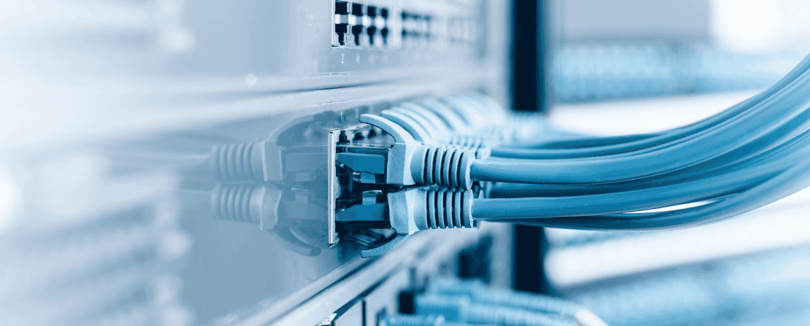 Close-up of a network switch with multiple blue Ethernet cables plugged into its ports, highlighting organized data cabling and connectivity.