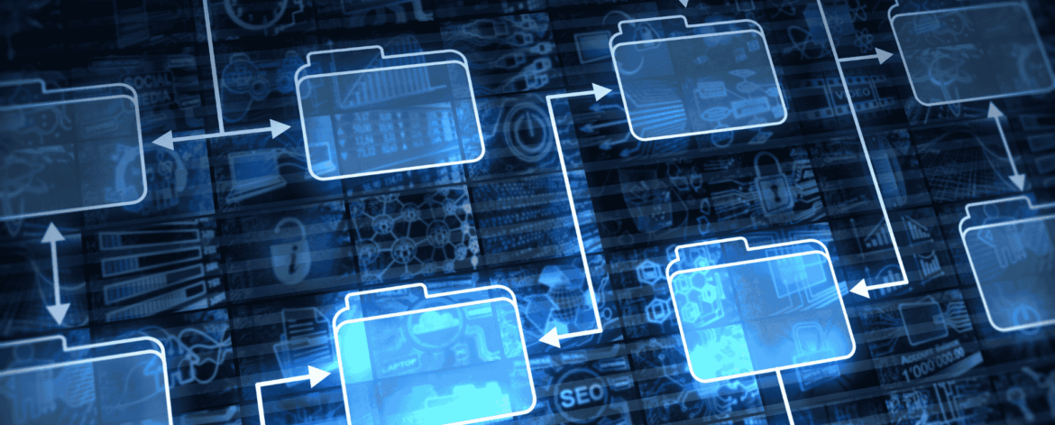 Glowing blue folder icons connected by white arrows on a dark, circuit-patterned background—illustrating a digital workflow and hierarchical file management system.