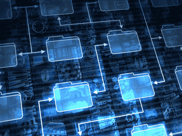 Glowing blue folder icons connected by white arrows on a dark, circuit-patterned background—illustrating a digital workflow and hierarchical file management system.