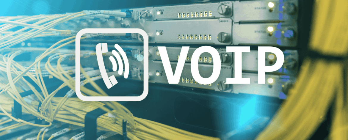 VOIP (Voice Over IP) concept overlaid on a server rack with network cables, symbolizing modern digital communication infrastructure.