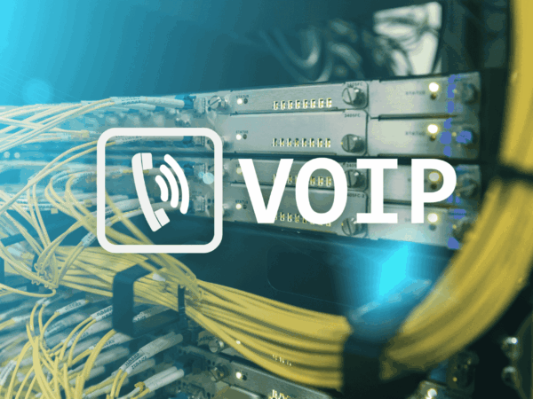 VOIP (Voice Over IP) concept overlaid on a server rack with network cables, symbolizing modern digital communication infrastructure.