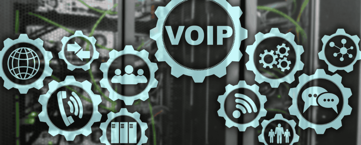Illustration of VoIP (Voice over Internet Protocol) technology concept with interconnected gear icons representing communication tools, internet connectivity, data sharing, and user collaboration, overlaid on a blurred background of server equipment.