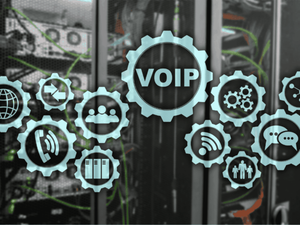 Illustration of VoIP (Voice over Internet Protocol) technology concept with interconnected gear icons representing communication tools, internet connectivity, data sharing, and user collaboration, overlaid on a blurred background of server equipment.