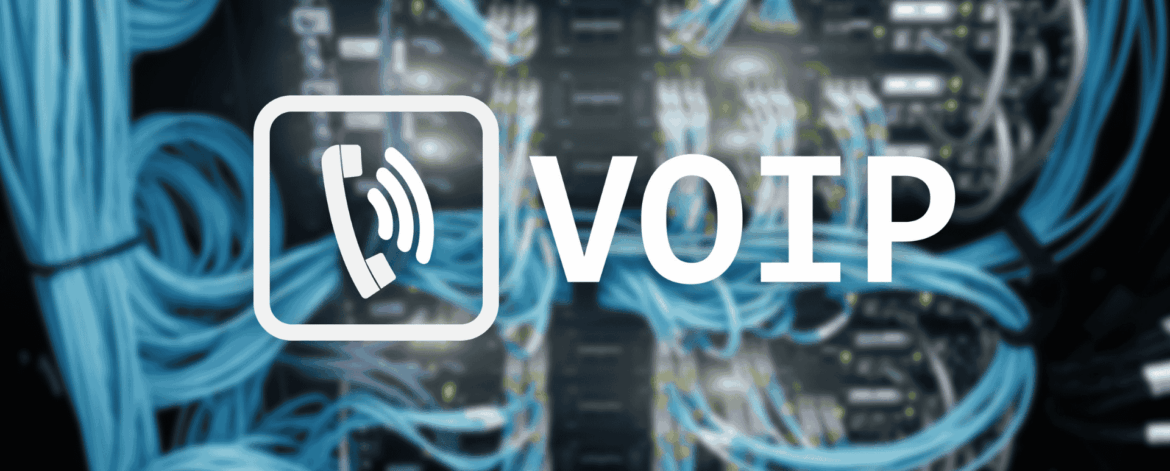 VOIP icon overlay on a blurred server rack with organized blue ethernet cables, representing Voice over IP technology infrastructure in a modern data center