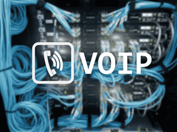 VOIP icon overlay on a blurred server rack with organized blue ethernet cables, representing Voice over IP technology infrastructure in a modern data center