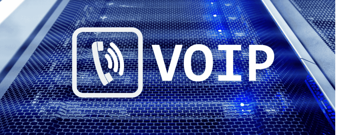 VOIP communication graphic displayed over a high-tech server rack with blue lighting, representing business IT infrastructure solutions in the San Francisco Bay Area.