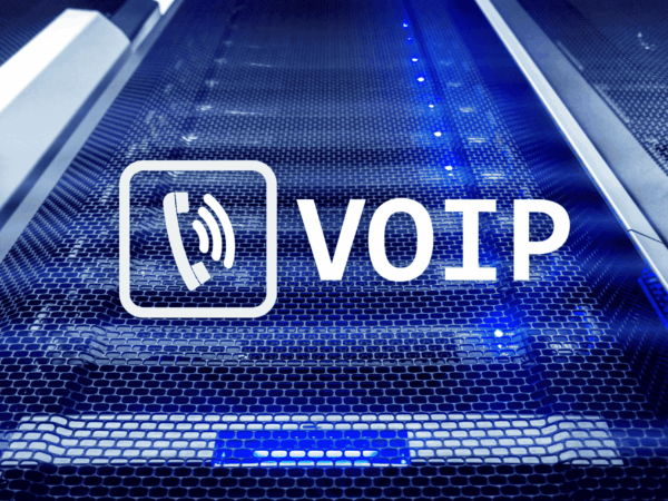 VOIP communication graphic displayed over a high-tech server rack with blue lighting, representing business IT infrastructure solutions in the San Francisco Bay Area.