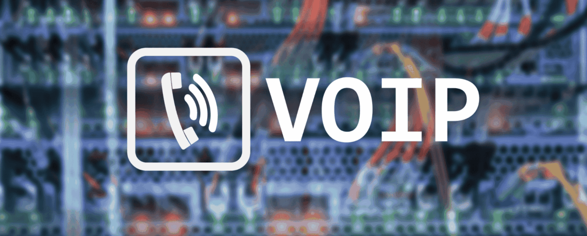 VOIP icon over a blurred server rack with orange Ethernet cables, symbolizing Voice over IP communication systems in a business network environment