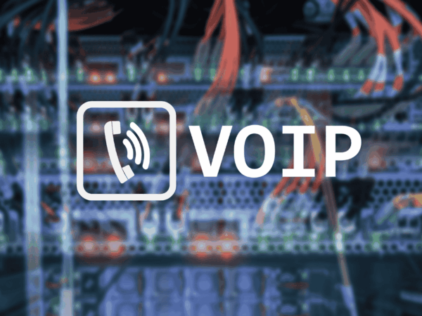 VOIP icon over a blurred server rack with orange Ethernet cables, symbolizing Voice over IP communication systems in a business network environment