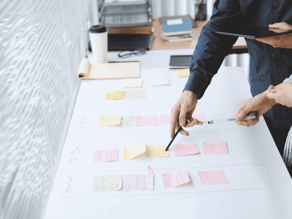 "IT project planning meeting with Kanban board and sticky notes – technology roadmap development for small and mid-sized Bay Area companies."