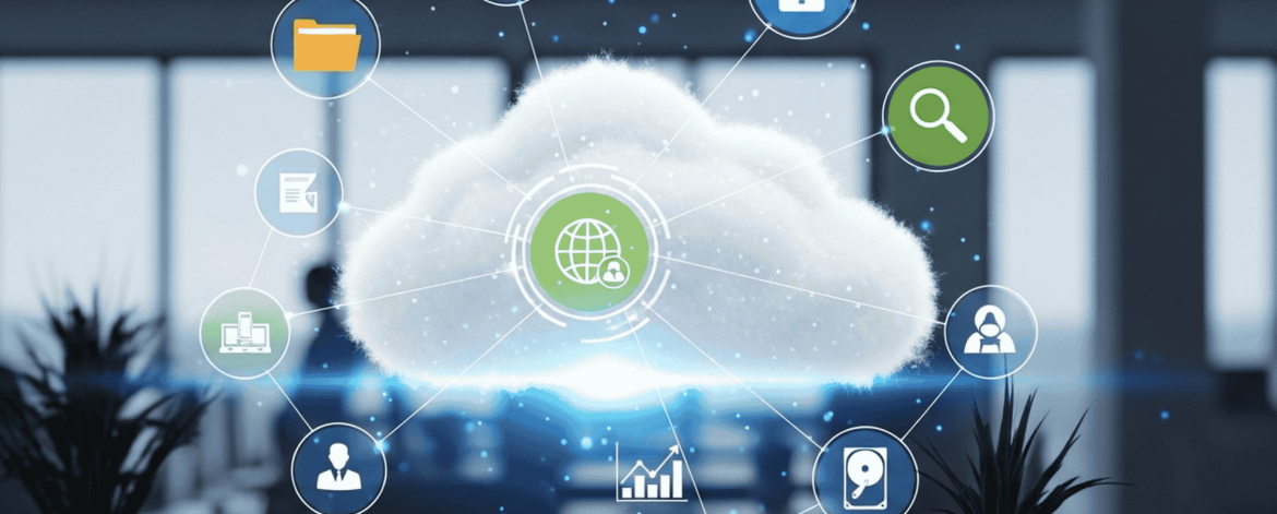 Cloud computing ecosystem with connected data, security, and analytics icons – seamless Google Cloud migration and IT management services for San Francisco Bay Area businesses.