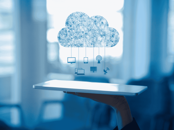 Cloud computing illustration with connected devices – cloud migration and IT infrastructure services for Bay Area businesses.
