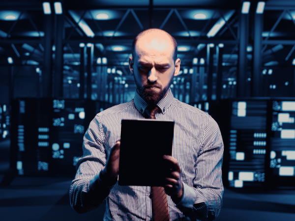 IT professional reviewing system data on a tablet inside a server room during hardware monitoring and lifecycle oversight.