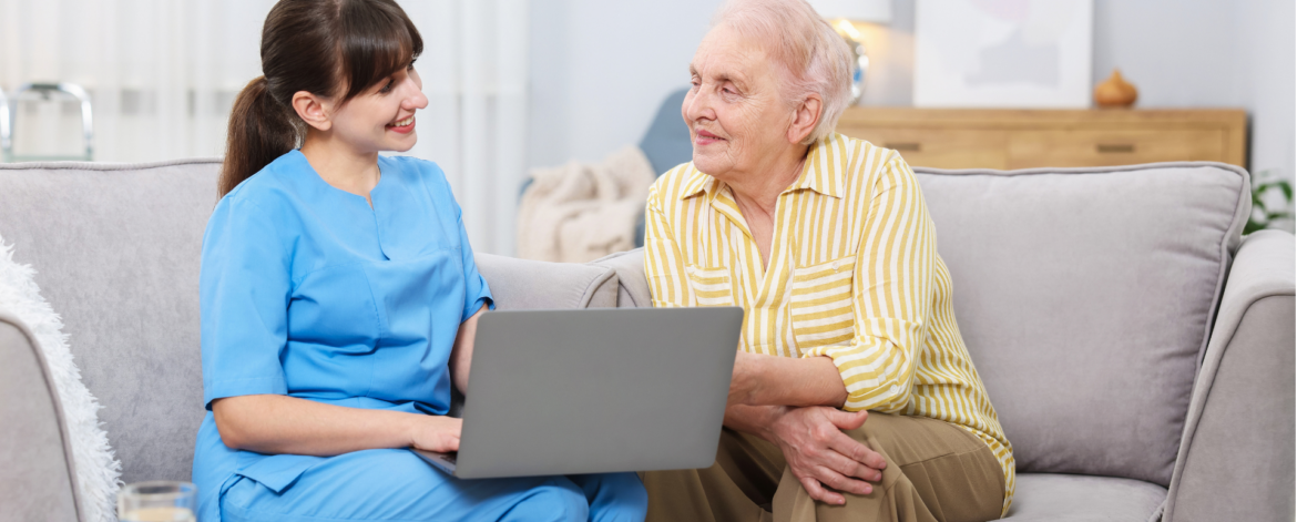 Home care nurse assisting elderly patient with mobility walker in senior living environment supported by secure healthcare IT systems