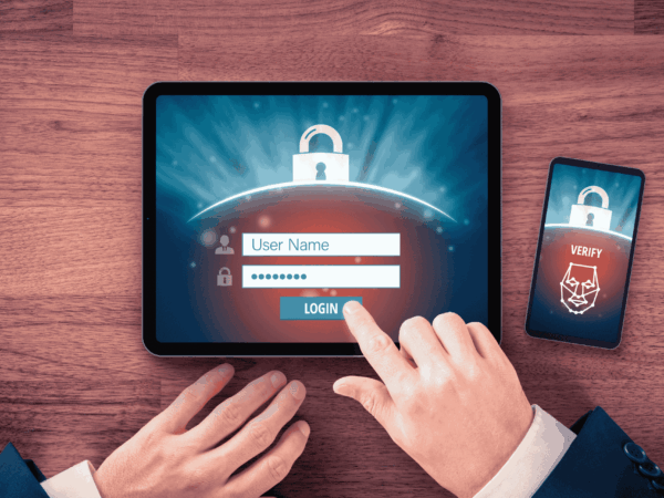 User verifying identity with biometric fingerprint and two factor authentication on mobile device for secure healthcare system access