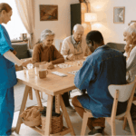 Caregiver assisting elderly patient with mobility in home highlighting importance of securely backing up patient data in cloud-based healthcare systems.