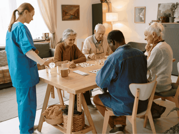 Caregiver assisting elderly patient with mobility in home highlighting importance of securely backing up patient data in cloud-based healthcare systems.