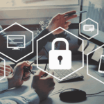 Business professionals analyzing data on computers with security icons overlay highlighting endpoint detection and response monitoring devices and preventing cyber threats.