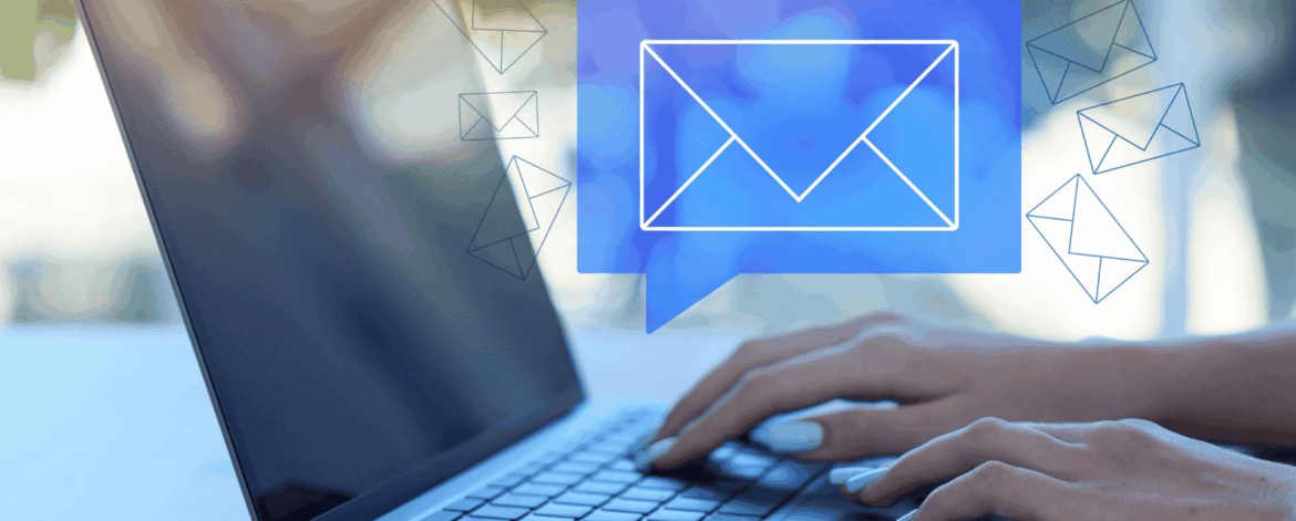 Person typing on laptop with secure email icon overlay representing encrypted communication and cybersecurity protection in home care.