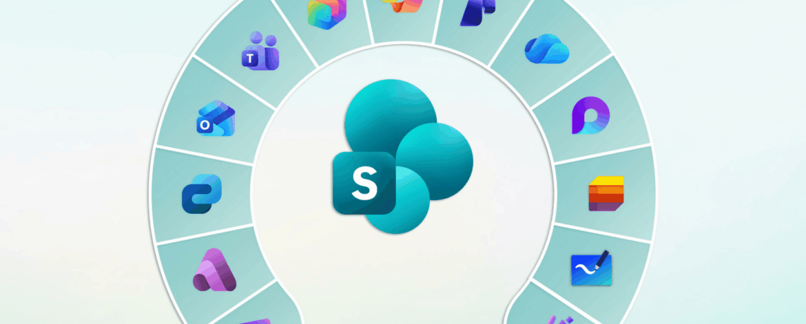 Microsoft SharePoint logo at the center of a wheel diagram surrounded by Microsoft 365 application icons, illustrating how SharePoint integrates with the broader Microsoft ecosystem for home-based care agencies.