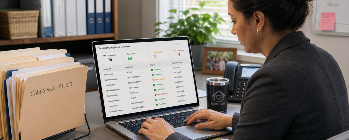 Home care agency HR manager reviewing caregiver credential files and compliance status on a laptop