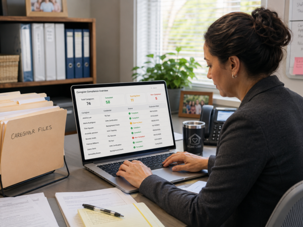 Home care agency HR manager reviewing caregiver credential files and compliance status on a laptop