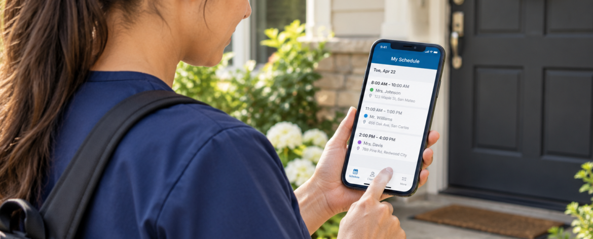 A home care caregiver checking a scheduling app on a smartphone outside a client’s home