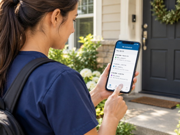A home care caregiver checking a scheduling app on a smartphone outside a client’s home