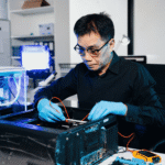 technician in blue gloves testing components inside an open desktop tower at a repair bench