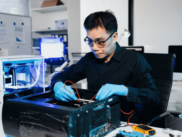 technician in blue gloves testing components inside an open desktop tower at a repair bench