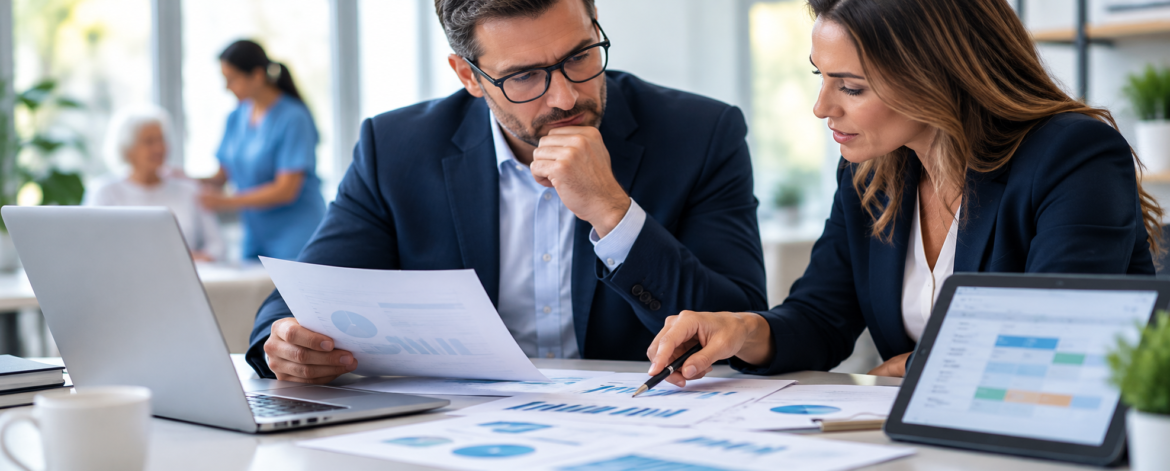 Buyer reviewing a home care agency's financial statements and caregiver schedule during due diligence