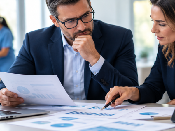 Buyer reviewing a home care agency's financial statements and caregiver schedule during due diligence