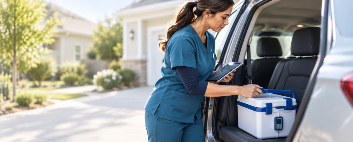 Nurse Loading a Medical Cooler Home health nurse placing an insulated medication cooler with a temperature data logger into a personal vehicle.