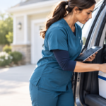 Home health nurse placing an insulated medication cooler with a temperature data logger into a personal vehicle.