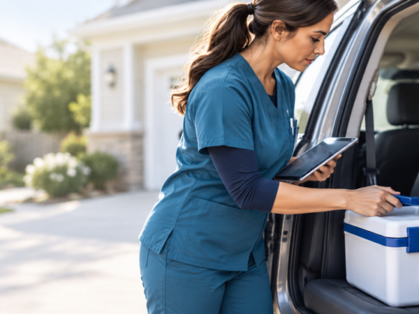 Home health nurse placing an insulated medication cooler with a temperature data logger into a personal vehicle.